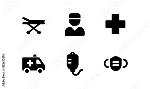 Medical icons set featuring ambulance, doctor, cross, and equipment in flat style