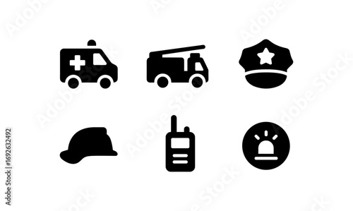 Emergency service icons set: ambulance, fire truck, police hat, hard hat, radio, siren