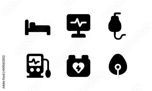 Medical equipment icons set in black silhouette style for healthcare and hospital themes