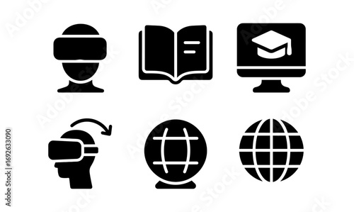 Virtual learning icons: education, technology, and global connectivity in bold designs