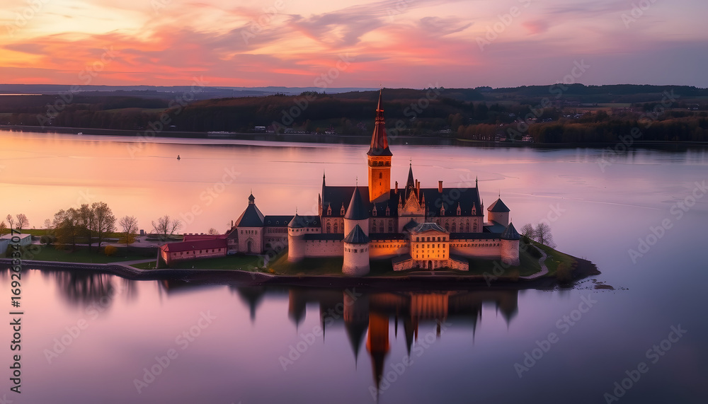 Fototapeta premium Castle of theTeutonic Order in Malbork by the Nogat river at sunset, enhance. White tone