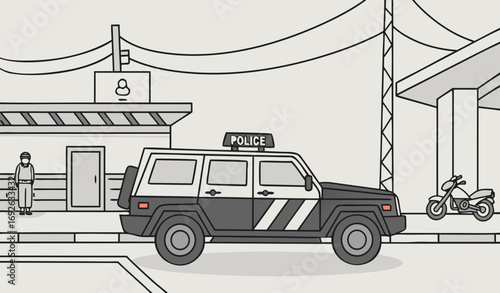 A Pakistani police van (black and white with POLICE written in Urdu) parked outside a station, prisoners in handcuffs being escorted into the van by guards. Add street wires, tea stall nearby, and mot