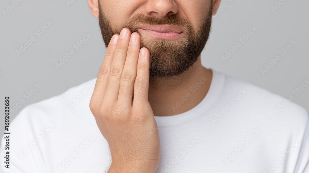 Naklejka premium Man Experiencing Tooth Pain Holding Jaw and Frowning with Uncomfortable Expression in White T-Shirt Against Neutral Background