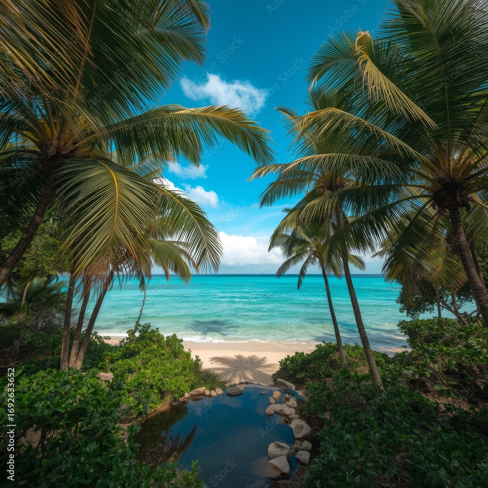 Obraz premium Tropical beach with palm trees by the sea on a sunny summer day