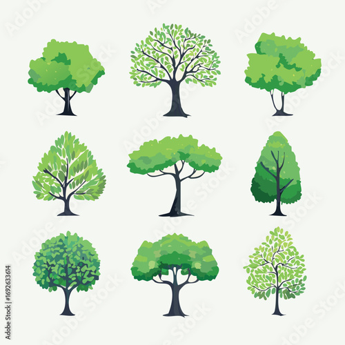 Ensemble de 9 Illustrations Silhouettes d'Arbres pour Paysagiste, Couleur Vert, Dessin Vecteur