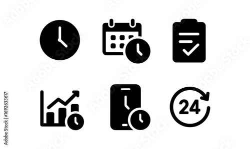 Time management icons: clock, calendar, checklist, analytics, mobile, 24 hours