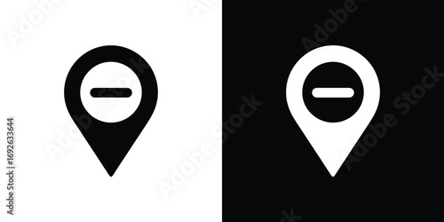 Remove Pin Icon with Inverted Colors, Minus Sign Inside, Locator Symbol on White and Black