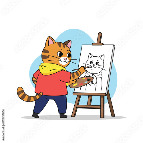 A cute cartoon tiger cat artist painting a picture of itself on canvas with easel palette and brush
