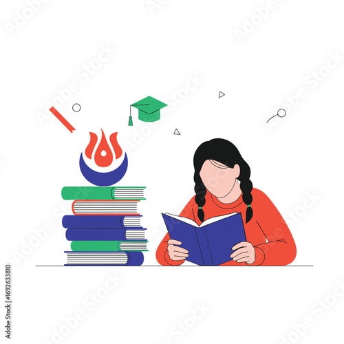 Young student engrossed in reading a blue book surrounded by knowledge and educational symbols