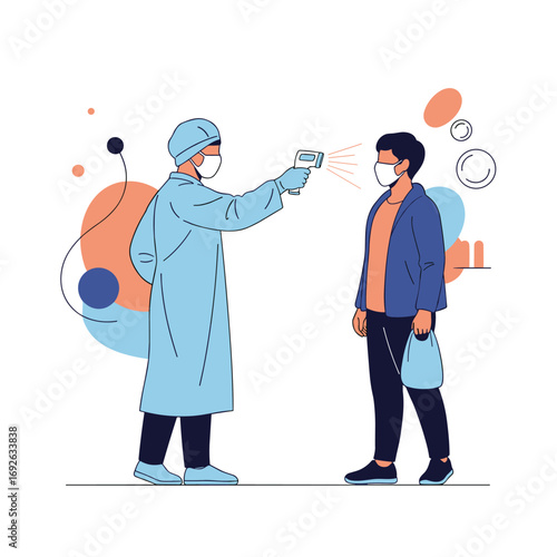 Healthcare professional measures temperature of a person wearing a mask during a health screening procedure