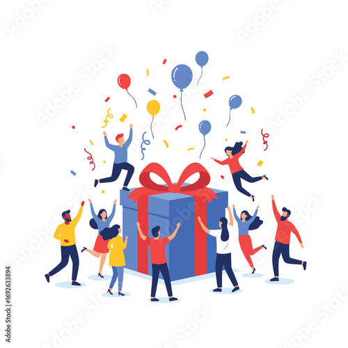 A group of excited people celebrating around a giant present with balloons and confetti