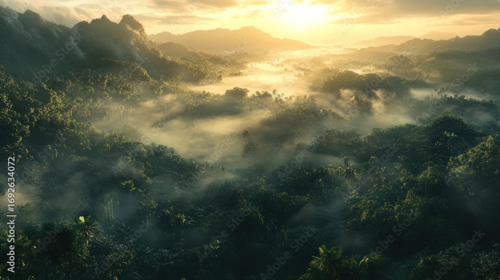 Fototapeta premium Misty valley sunrise landscape