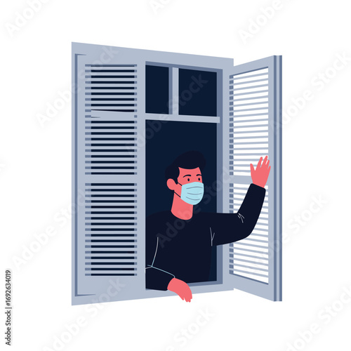 Man in a mask waving from an open window during a pandemic lockdown