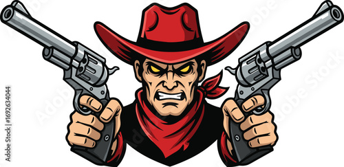 Aggressive cartoon cowboy, dual revolvers, Wild West action, flat vector illustration, cad drawing, silhouette art, western mascot, outlaw pose