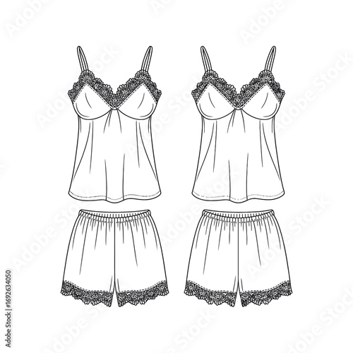 Black and white line drawing of lace trimmed camisole and shorts set lingerie sleepwear
