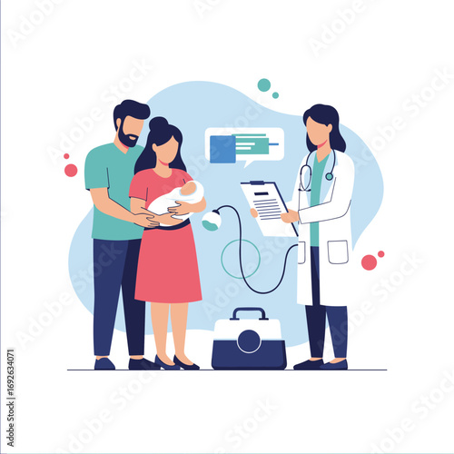 New parents consult doctor about healthy baby care and medical examination services