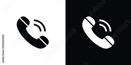 Ringing Telephone Handset Icon with Signal Waves on Split Black and White Background