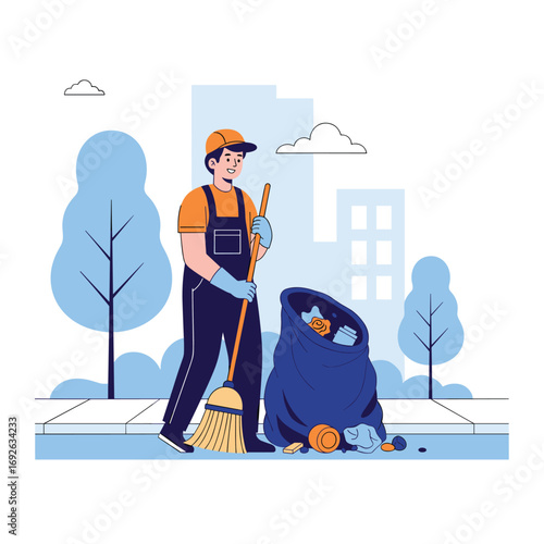 A male worker cleaning streets and gathering trash into a large bag