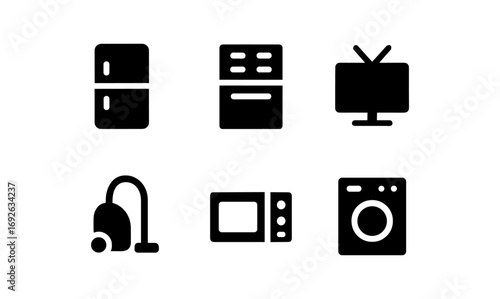 Home appliance icons: essential kitchen and living room gadgets in bold silhouette style