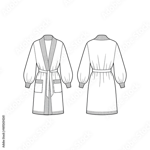 Black and white fashion illustration of a belted robe with pockets and balloon sleeves bathrobe