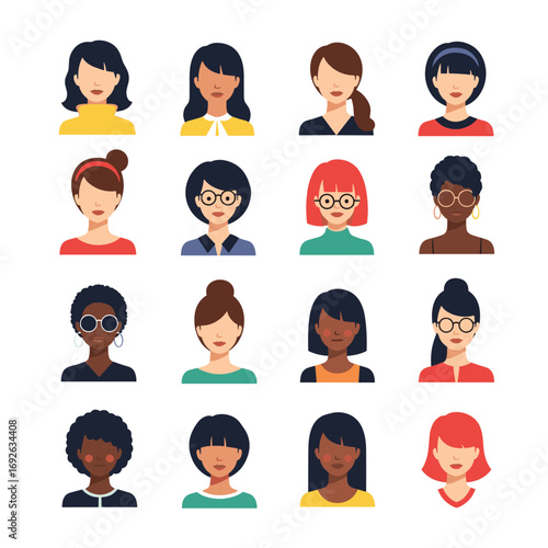 Collection of diverse female avatars representing different ethnicities hairstyles and skin tones