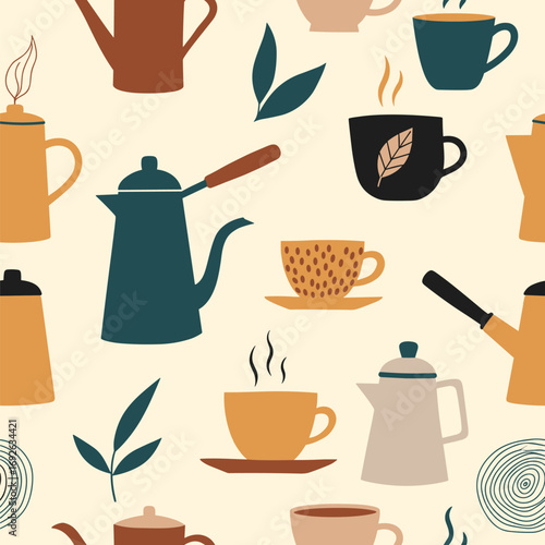 Warm beverage and coffee pot illustration for kitchen decor background pattern