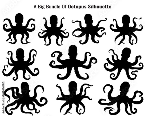 Collection of Nine Octopus Illustrations in Various Poses Presented as a Black Silhouette Against a White Background silhouette