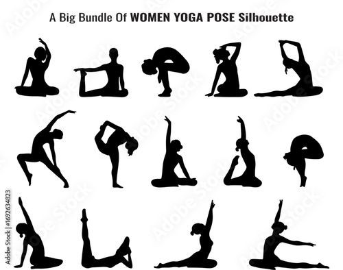 Collection of Women in Yoga Poses Black Silhouettes Against White Background Fitness and Wellness silhouette collection women