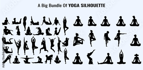 Diverse yoga poses in a collection of black silhouettes against a light background a yoga silhouette Collection