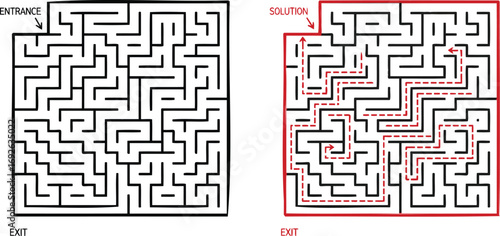 Complex maze with marked solution showing a clear path from entrance to exit