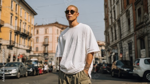 Fototapeta Naklejka Na Ścianę i Meble -  Stylish male model sporting designer sunglasses and loose white tee standing confidently against historic urban architectural background, embodying modern streetwear aesthetic