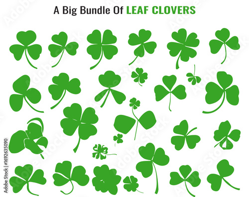 Collection of Green Clover Leaves in Various Shapes and Sizes Isolated on White Background silhouette set green