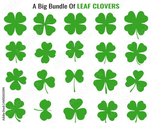 Collection of Green Leaf Clovers with Three and Four Leaves on White Background silhouette collection three four