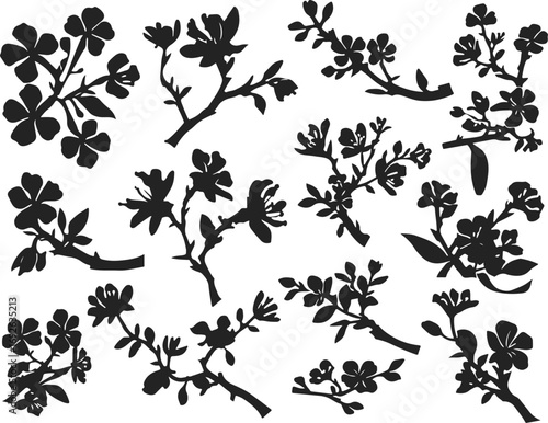 Collection of Blooming Flower Branches in Black Silhouette Style on a White Background silhouette This image features