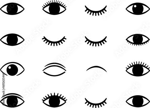 Collection of Eye Icons in Various Styles Including Open Closed and Detailed Lashes in Silhouette set eye