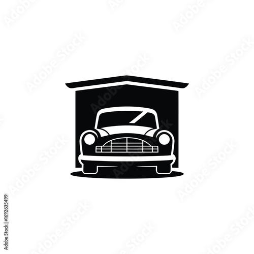 Simple black car icon inside garage with transparent background for logo or design