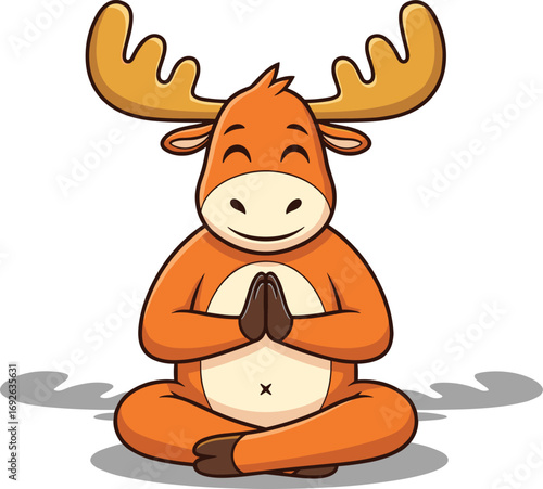Cartoon moose meditating, peaceful animal mascot, mindfulness character, flat vector illustration, cad drawing, silhouette art, calm forest vibe