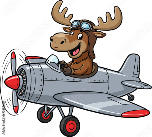 Cartoon moose flying airplane, pilot animal mascot, vintage aviation theme, flat vector illustration, cad drawing, silhouette art, cheerful flight