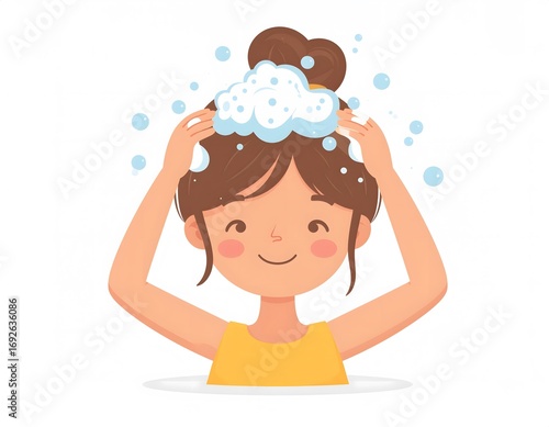 Cartoon illustration of a young woman washing her hair with shampoo, creating a bubbly foam on her head.