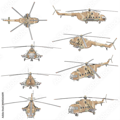Vector illustration (auto tracing) of army helicopters in camouflage style, shown from different angles. multiple angles including top, front, side, back and perspective views