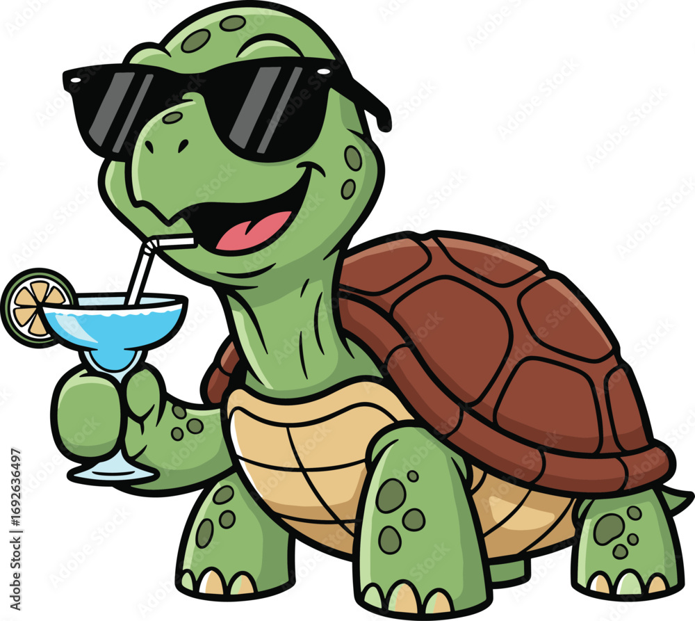 Fototapeta premium Cartoon turtle with cocktail, vacation vibe, relaxed character, summer mascot, flat vector illustration, cad drawing, silhouette art, tropical fun