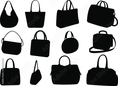Handbag silhouettes collection, fashion accessories, black purse icons, stylish bag shapes, tote, satchel, shoulder, crossbody, elegant design, retail