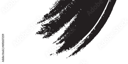 
Minimalist black-and-white abstract stroke, with dense ink coverage on one side transitioning into fragmented textures and scattered specks as it moves outward. The artwork symbolizes fading, erosion