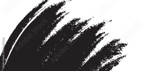 
Minimalist black-and-white abstract stroke, with dense ink coverage on one side transitioning into fragmented textures and scattered specks as it moves outward. The artwork symbolizes fading, erosion