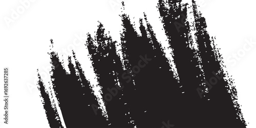 
Minimalist black-and-white abstract stroke, with dense ink coverage on one side transitioning into fragmented textures and scattered specks as it moves outward. The artwork symbolizes fading, erosion