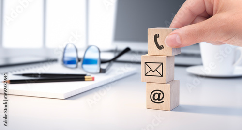 Hand holding dice with telephone symbol placing on stack of cubes with symbols of letter and email - 3D illustration
