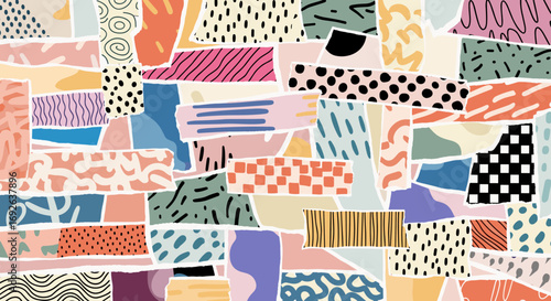 A vibrant collage of abstract shapes and textures in a playful and colorful geometric design creating a lively mosaic of patterns