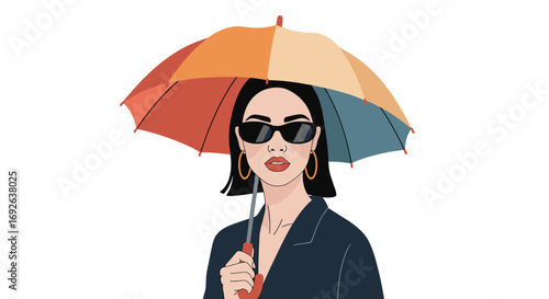 A stylish person holding a colorful umbrella outdoors in the city on a cloudy day