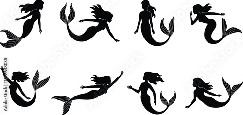 Mermaid silhouette collection, mythical sea creature, fantasy illustration, black mermaid icons, ocean theme, swimming pose, elegant tail, underwater design