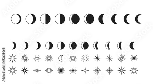 Celestial cycle illustration featuring moon phases and starburst elements in a stylized design